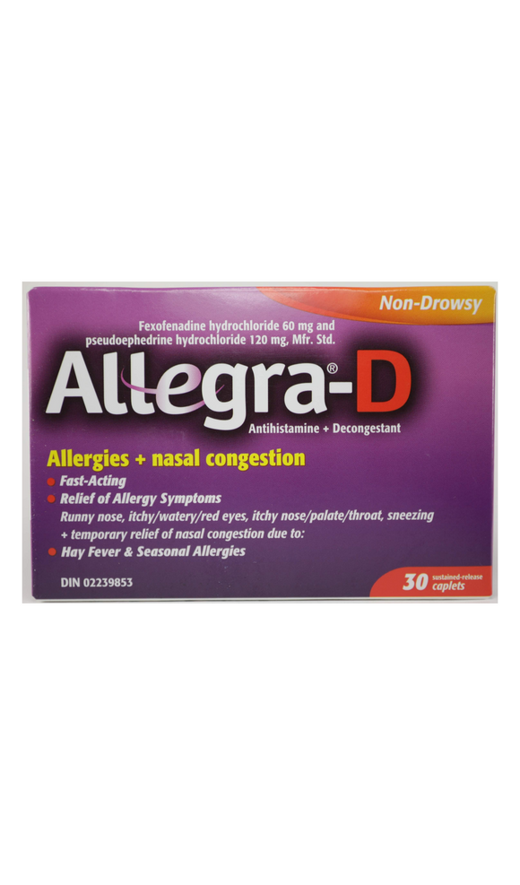 Allegra-D, Allergies + Nasal Congestion, 30 Tablets - Green Valley Pharmacy Ottawa Canada